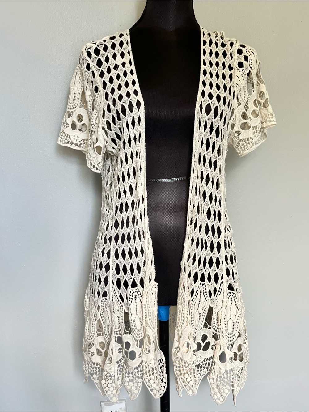 White boho crochet knit open front cardigan